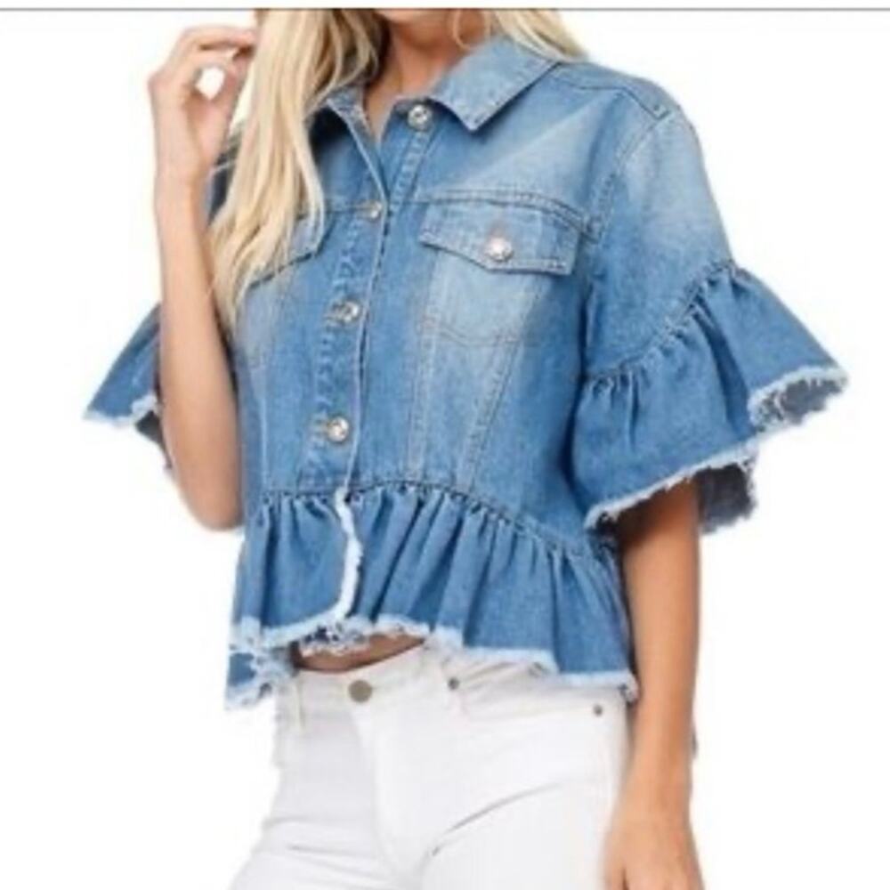 TOV Los Angeles Denim Shirt S/S Ruffle Flutter Crop Denim Blue Size 44 (XL)